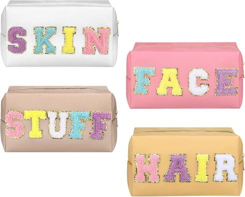 4 Pcs Large Chenille Letter Patch Makeup Bag Skin Stuff Hair Face Bag Preppy Patch Makeup Cosmetic Bag Toiletry Zipper for Women Teen Girl(Light C...