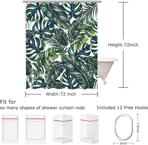 LIVILAN Green Plant Shower Curtain, Botanical Leaf Pattern, 72X72 inches - Jungle Bathroom Decor with 12 Hooks...