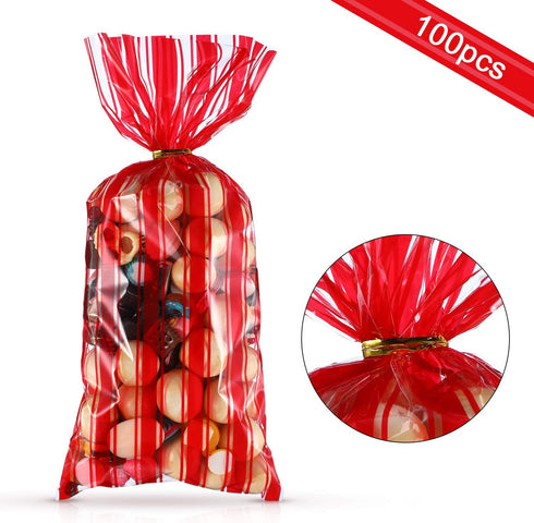 Blulu 100 Pcs Halloween Plastic Carnival Circus Party Treat Bags Red and White Stripe Printed Clear Cellophane Carnival Cooke Candy Goody Treat Ba...