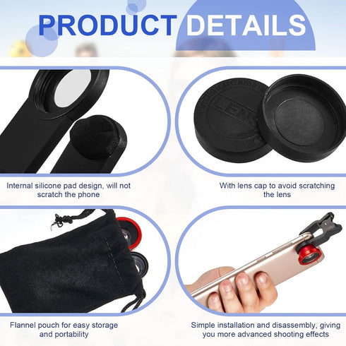 2 Pack Universal 3 in 1 Camera Lens Kit Phone Camera Lens Clip Fisheye Lens Macro Lens Wide Angle Lens Cell Phone Lens Attachments Compatible with...