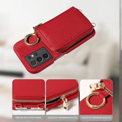 Furiet Wallet Case for Samsung Galaxy S21 Ultra 5G with Shoulder Strap Ring Buckle, Luxury PU Leather Zipper Flip Organ Purse, Card Holder Stand C...