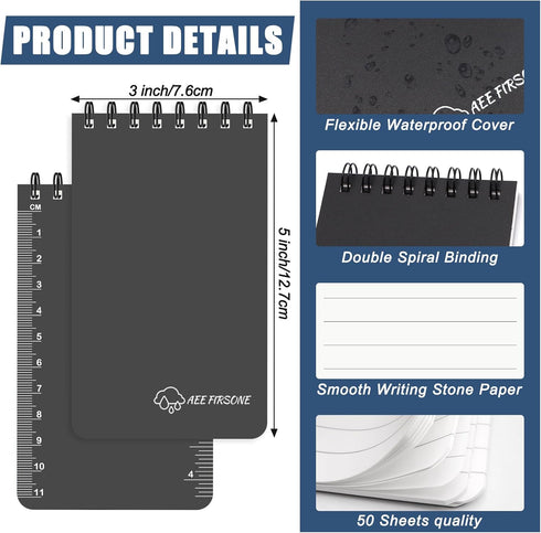 6 Pack Waterproof Notepads, 3 x 5 Spiral Notebook All-Weather Small Pocket Notebook, Waterproof Memo Paper Notepad with 50 Sheets Lined Pages Ston...