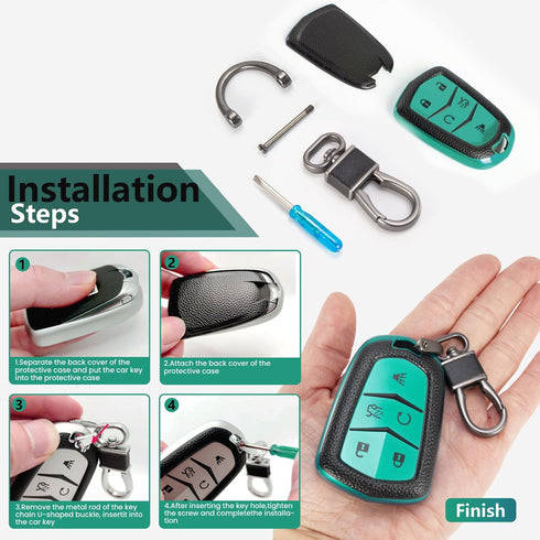 for Cadillac Key Fob Case with Leather Keychain, Advanced Soft TPU Surface Grain Car Key Cover for 2015-2019 Cadillac Escalade CTS SRX XT5 ATS STS...