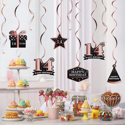 LINGTEER Happy 14th Birthday Decorations - 12 Pcs Birthday Black & Rose Gold Foil Swirls Streamer Set,Cheers to Fourteen Years Old Bday Party Gift...