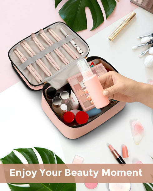 Cosmetic Bags for Women Clear Leather Double Layer Makeup Bag - Large Travel Skincare Bag For Travel Organizer Toiletry Bag - Pink...