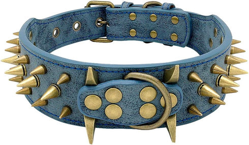 2" Spiked Leather Dog Collar - Anti-Bite Sharp Rivet Studded for Pit Bull Medium Large Dogs,Blue Neck for 14-19" Total Length 21.5"...
