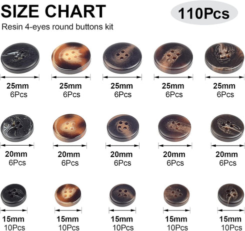 110Pcs Mixed Sewing Buttons, 4-Hole Craft Round Blazer Buttons, 5 Color 3 Size(15mm,20mm,25mm) Suit Coats Resin Button, Suitable for Variety Cloth...