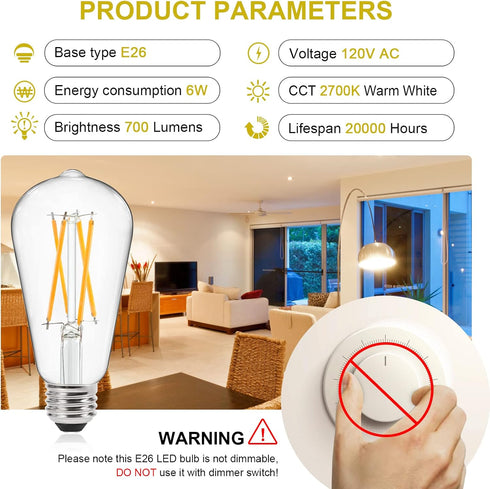 Ascher Vintage LED Edison Bulbs 60 Watt Equivalent, Eye Protection Led Bulb with 95+ CRI, Bright Warm White 2700K, Non-Dimmable, ST58 Antique LED ...