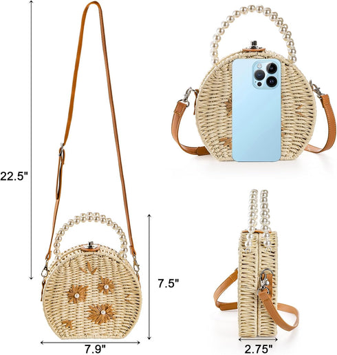 Handwoven Round Rattan Bag, 8" Straw Crossbody Bag with Adjustable Straps, Top Pearl Handle Wicker Tote Bag, Boho Summer Beach Basket Purse, Flowe...