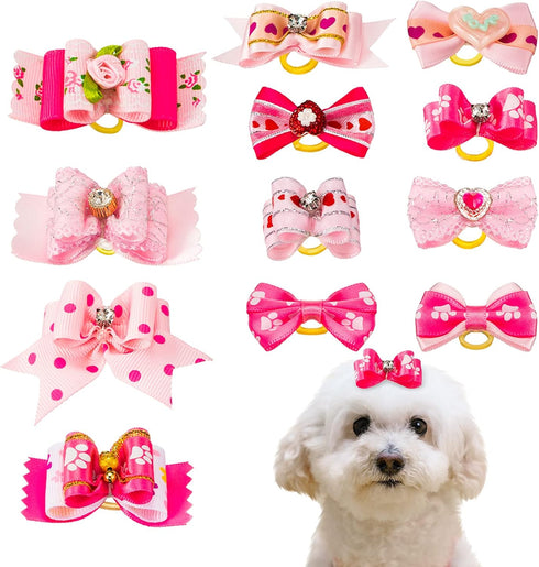 MTLEE 12 Pieces Small Dog Hair Bow Rubber Bands Cute Puppies Hair Bows Pink Doggies Cat Topknot Pet Headdress with Rhinestones Dog Grooming Bowkno...