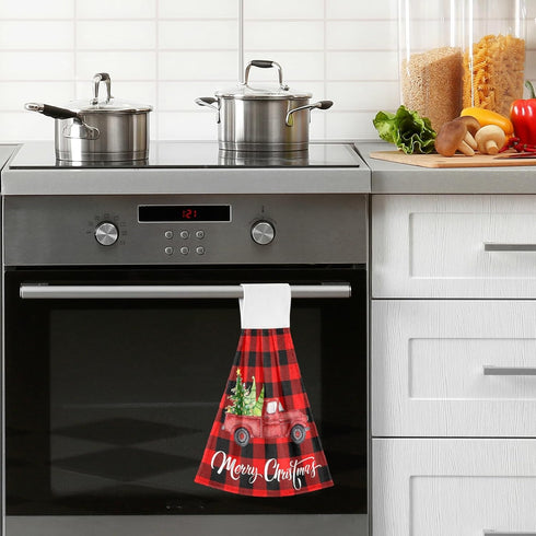 Boccsty Christmas Tree Truck Fingertip Bath Towels 2 Pcs New Year Red Black Plaid Tartan Hanging Kitchen Hand Towel Absorbent?Dish Cloths for Bath...