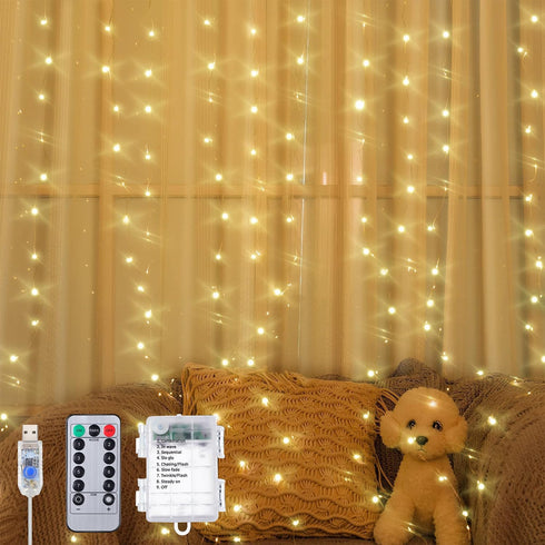 Curtain Window String Lights 6.5 x 5 Feet LED Copper Tapestry Backdrop Twinkle Fairy Lights Battery Operated 8 Modes Lights Remote Control USB Pow...