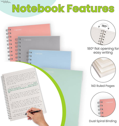 TWONE Small Spiral Notebook, 5.5"x8.25", 160 Ruled Pages, Waterproof Frosted PP Cover, Blue, Ideal for School, Office, and Personal Use...