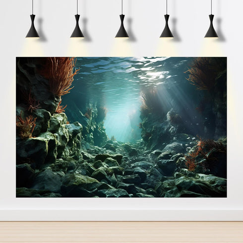 Aquarium Background Underwater Deep Blue Sea Rock Seaweed and Beautiful Sunlight Rays Terrarium Background Sandy Floor with Coral Aquarium Backdro...