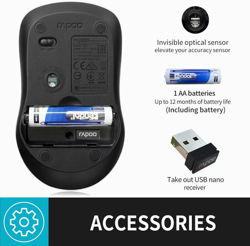 Rapoo 1680 Silent Wireless Mouse, 2.4GHz Cordless Mouse with USB Receiver, 1K DPI, 3 Buttons Computer Mouse with 12M Battery Life, Ambidextrous Co...