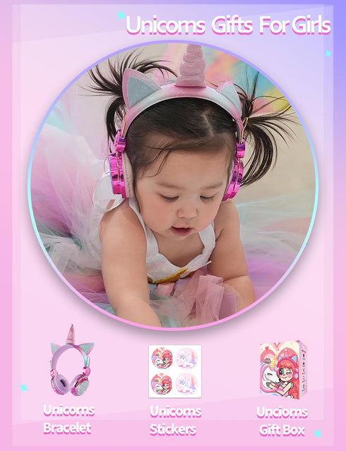 Kids Unicorns Headphones with Mic for School/Travel,95dB Volume Limited,Shareport,On/Over Ear Wired Headsets with Nylon Cable-Hot Pink......