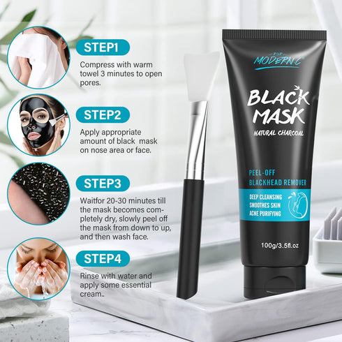 POP MODERN.C Blackhead Remover Mask Bamboo Charcoal Peel Off Mask Skin Care Face Mask 3-in-1 Kit Pimple & Deep Cleansing Black Facial Mask Shrink ...