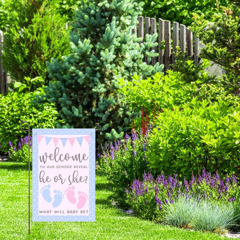 He or She Garden Flag 12x18" Double Sided Pink and Blue Flag Gender Reveal Yard Flag Boy or Girl Baby Footprint Welcome Banner Pregnancy Announcem...