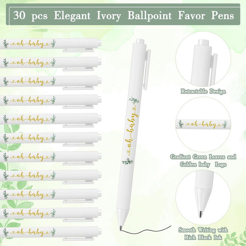 Greenery Baby Shower Pens Decoration Baby Shower Party Games Gift Cards with String Black Ink Retractable Ballpoint Pens for Girl Boy Gender Revea...