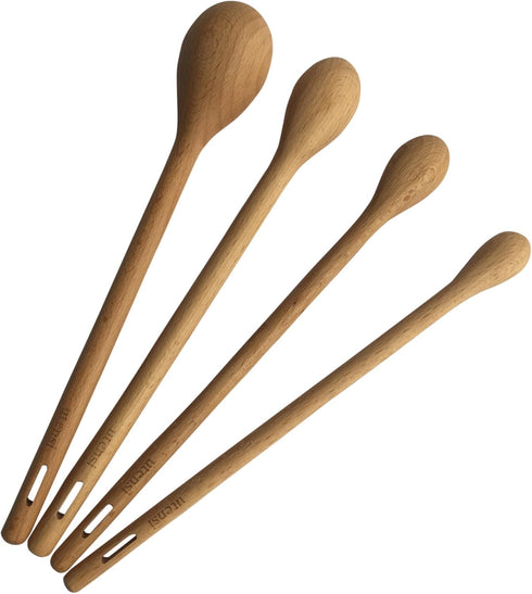 Long Handle Wooden Measuring Spoons by utensi, Set of 4 Engraved Accurate Spoons for Dry and Liquid Ingredients, Beech Wood Set (9-inch handles)...