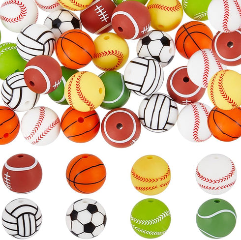 SUNNYCLUE 1 Box 32Pcs Ball Silicone Beads Silicone Round Focal Beads Baseball Soccer Basketball Silicone Sports Beads for Jewelry Making Supplies ...