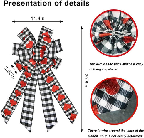Hying Large Valentine's Day Bows for Wreath, Valentines Wreath Bow Black White Buffalo Plaid Bows Glitter Red Hearts Bows Holiday Burlap Tree Topp...