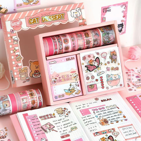 PRSTINCOL Cute Cat Scrapbooking Kit,Scrapbook Supplies Kit with Cat Dessert Theme for Junk Journal, Bullet A6 Grid Notebook DIY Scrapbook Birthday...