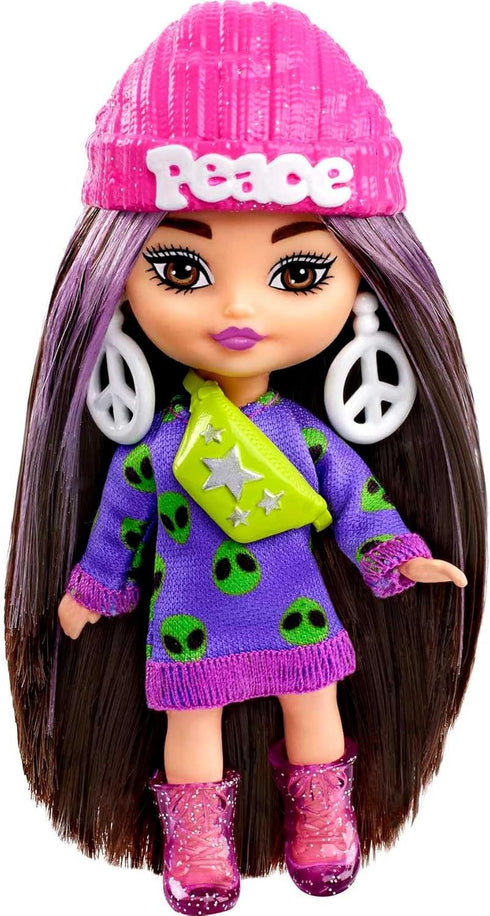 Barbie Extra Mini Minis Doll with Brunette Hair, Alien Sweater Dress & Peace Sign-Themed Accessories & Stand, 3.25-inch...