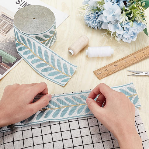 OLYCRAFT 10.9 Yards Jacquard Ribbon Trim 2.4 Inch Leaf Pattern Jacquard Polyester Ribbons Blue Leaf Jacquard Woven Embroidery Trim for DIY Sewing ...