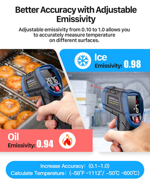 Eventek Infrared Thermometer, -58°F~1112°F (-50°C~600°C) Non-Contact Digital Temperature Gun for Cooking, Pizza Oven, Grill & Engine, Laser Thermo...