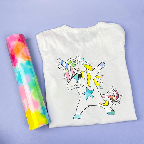 VINYL FROG Tie-Dye Heat Transfer Vinyl Roll 10" x5ft Rainbow HTV Vinyl Blue & Yellow Watercolor Clouds Patterned Vinyl for DIY T-Shirts, Bag, Shoe...
