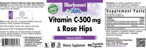 BlueBonnet Nutrition Vitamin C-500 mg Plus Rose Hips Vegetable Capules, for Immune Health, for Antioxidant Protection, Soy Free, Gluten Free, Non-...
