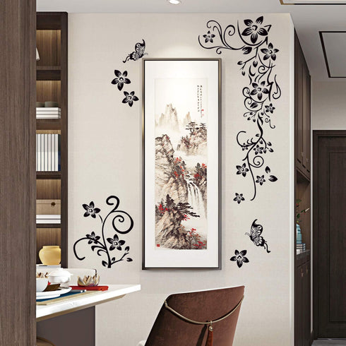 LiveGallery Removable Black Vinyl Flowers Wall Decals DIY Flower Vines and Butterfly Wall Stickers Decor Peel Stick Art Decoration for Teens Room ...