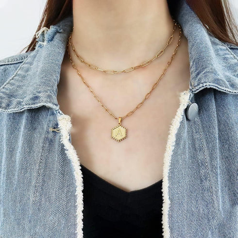 HUASAI Layer Initial Necklace for Women 18K Gold Plated Layering Paperclip Link Chain Necklace Cute Hexagon Letter Pendant Initial Choker Necklace...