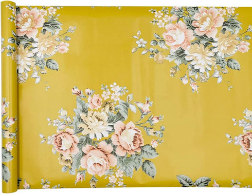 Yifely Vintage Peony Floral Shelving Paper Dark Yellow Peel & Stick Shelf Liner Dresser Drawer Sticker 17.7 Inch by 9.8 Feet...