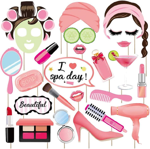 25Pcs Spa Photo Booth Props with Stick, Makeup/Spa Party Decorations for Women, Girls, Birthday Party Decorations, Makeup Selfie Props...