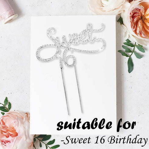 Sweet 16 Cake Topper for 16 Years Birthday Or 16th Wedding Anniversary Crystal Rhinestone Party Decoration Silver...