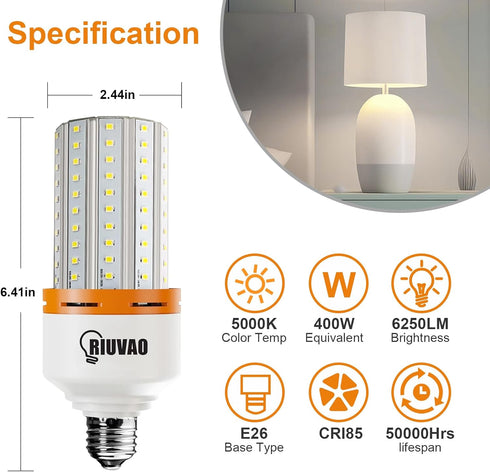 2 Pack 50W LED Corn Light Bulb 6250 Lumin 400W Replacement E26 Cool Daylight White Led Light Bulb for Indoor Outdoor Building Appliction, 2 Count ...