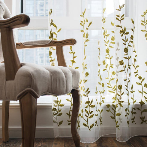 Melodieux Flower Embroidery Sheer Curtain for Living Room Bedroom, Farmhouse Style Rod Pocket Voile Drape, White/Green, 52 by 84 Inch (1 Panel)...