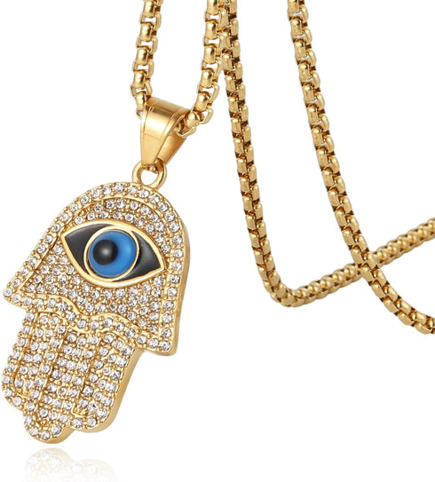 HZMAN 18k Gold Plated Iced Out CZ Stainless Steel Blue Evil Eye Beads Fatima Hamsa Hand Pendant Necklace...