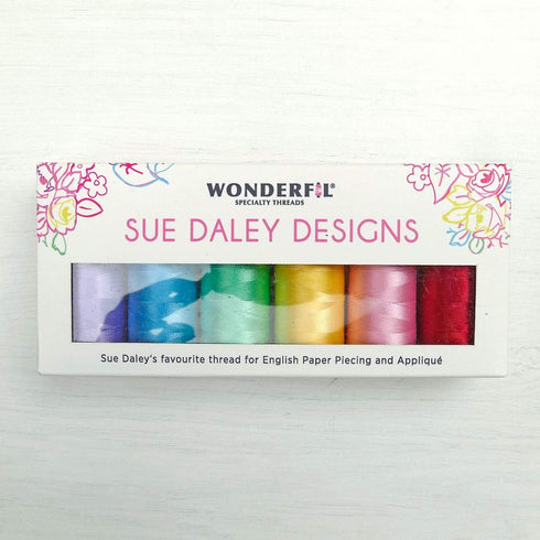 WonderFil Sue Daley Designs Brights Specialty Threads, 6 x 273yd spools 2-Ply 80wt Cottonized Soft Polyester Silk-Like Thread Fine Sewing English ...
