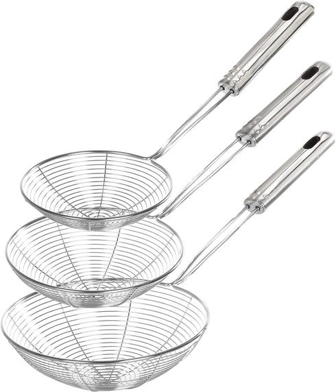 Enhanced Version Stainless Steel Spider Strainer Skimmer Ladle, Set of 3 Sizes Kitchen Strainer Spoon for Cooking and Frying, Pasta Strainer, Food...
