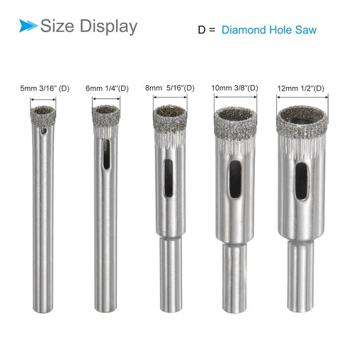 Diamond Drill Bits Set, 5mm 6mm 8mm 10mm 12mm Cutting Diameter, Diamond Dry Core Drill Hole Saws Bits Tools - (Applications: for Glass Drilling Ha...