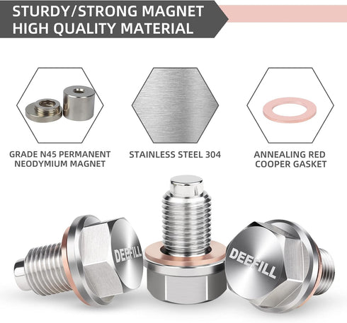 M12 x 1.25 Stainless Steel Engine Oil Drain Plug with Neodymium Magnet, Copper Crush Washer Replacement for Toyota, Lexus, Nissan, Infiniti...