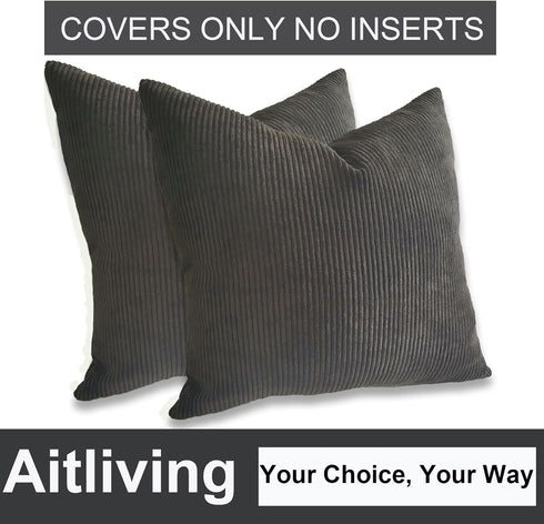 2 pcs Pack Throw Pillow Covers Corduroy Solid Soft Chestnut Brown 18x18 Inch Decorative Pillow Cases Chocolate Dark Brown for Couch Living Room So...