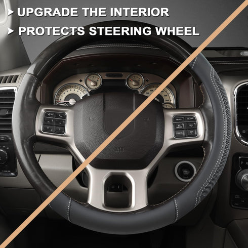 GIANT PANDA Car Steering Wheel Cover for RAM 1500 2500 3500, Compatible with Dodge RAM 15.5-16 inches - Black+Gray Line...