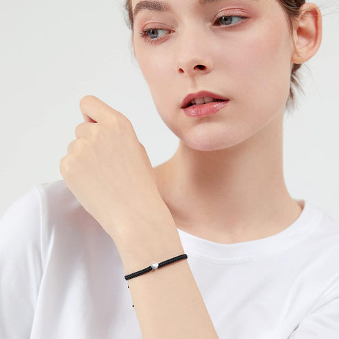 ZENI Heart Bracelet for Women, Black Rope Bracelet 925 Silver Handmade Braid Adjustable Bracelet Love Friendship Christmas Bracelet Gifts for Wome...
