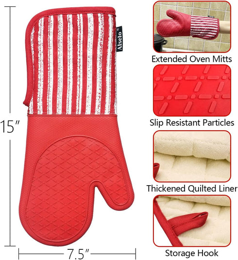 Silicone Oven Mitts Heat Resistant 932? with Waterproof & Non-Slip Kitchen Mittens, Set of 2 Extra Long Oven Gloves with Soft Cotton Terry Lining ...