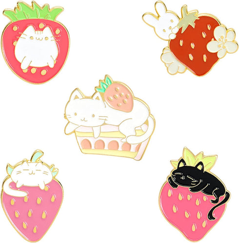 5Pieces Pin Sets with Strawberry Animal Enamel Brooch Pins Cartoon Rabbit Cat for Girls Kids Gift Lapel Pins Accessory for Backpacks Badges Hats B...