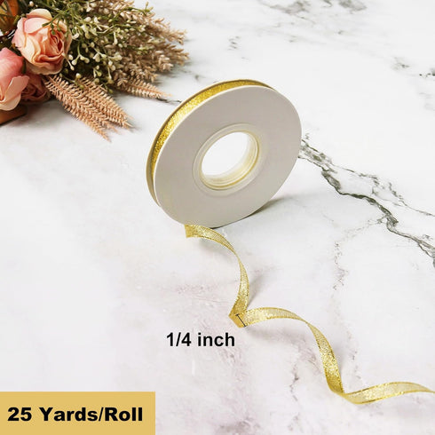 Glitter Metallic Gold Ribbon 1/4 Inch 25 Yards, Sparkly Fabric Ribbon Perfect for Crafts, Sewing, Gift Package Wrapping for Christmas, Easter, Val...